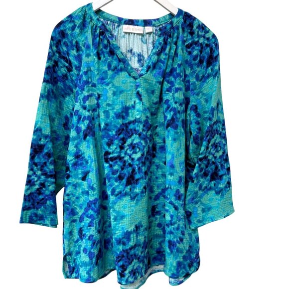 BELLE Kim Gravel Blue Tie Dye Top Size Medium Cotton Gauze Boho Womens Top - Picture 1 of 10